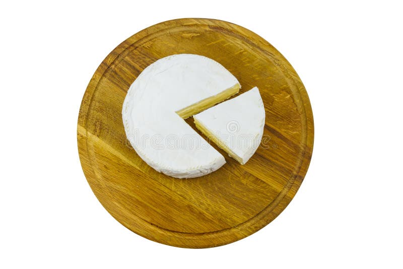 Piece of Brie Cheese on Cutting Board Isolated on White Background