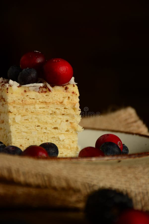 Piece of Cake Napoleon on a Plate with Sweet Fresh Berries Stock Photo ...