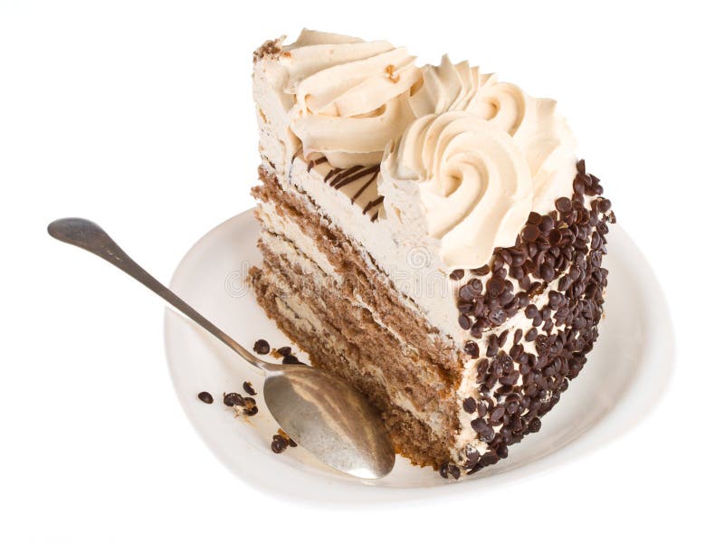 Piece of cake on white plate with spoon