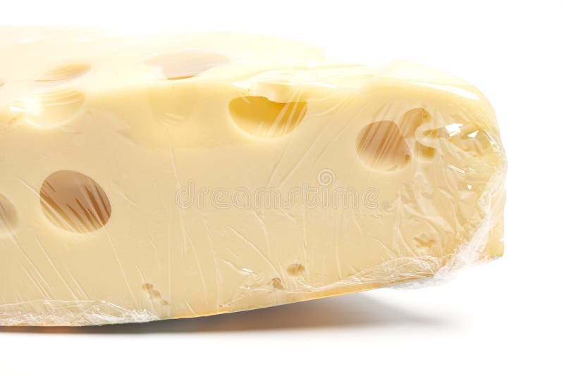 Piece of Cheese with Big Holes, Isolated on White Background Stock