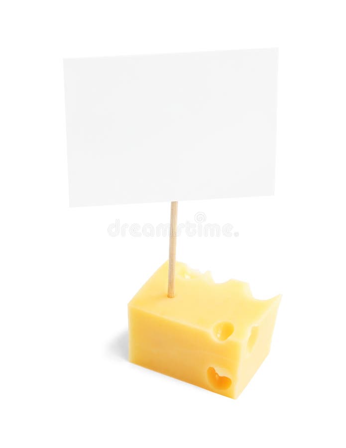 Piece Of A Cheese With Blank Cardboard Information Tag Stock Photo