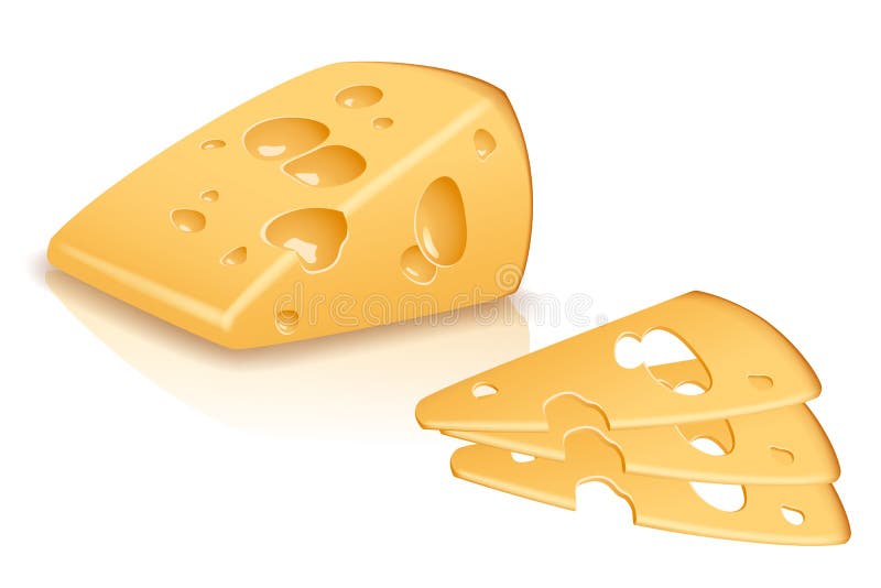 Illustration of one piece of yellow cheese with sliced pieces on white back...