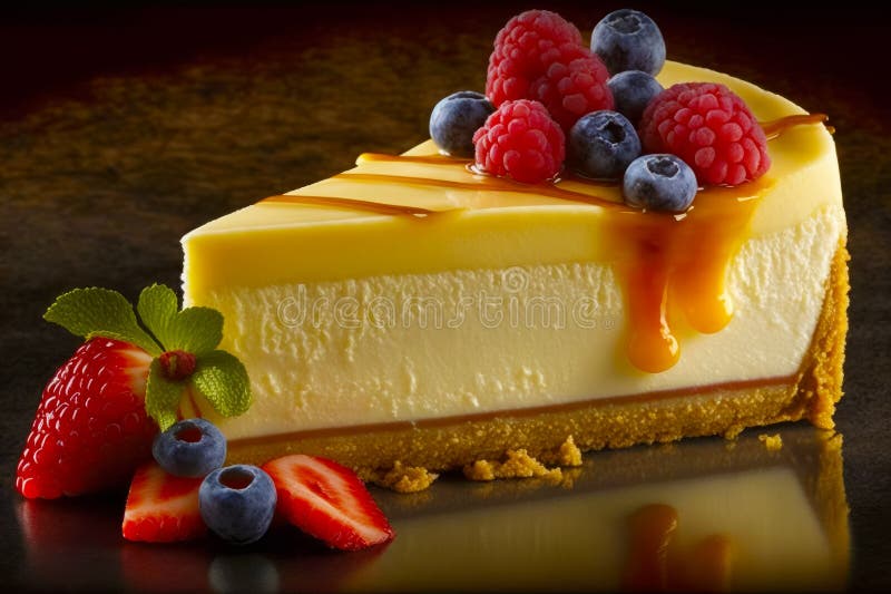 Piece of Cheesecake with Berries and Drizzle of Caramel. Generative AI Stock Image Image of
