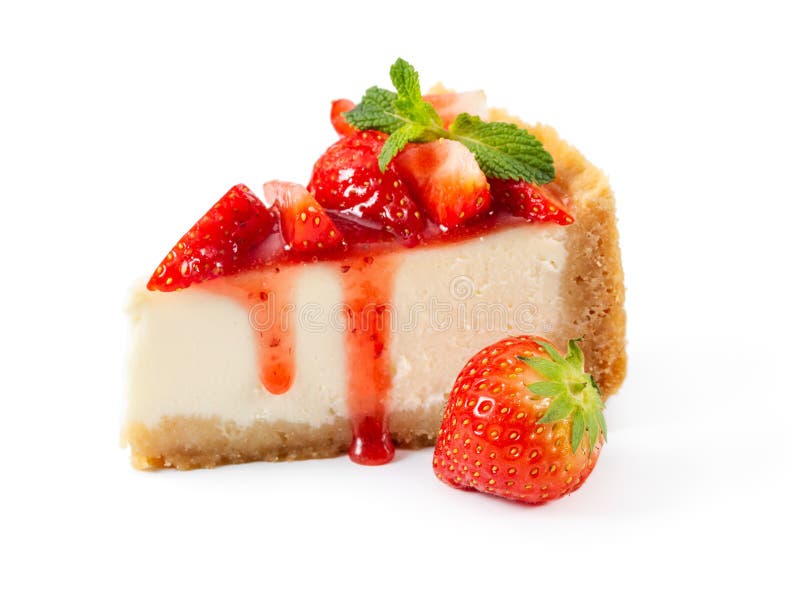 Piece of cheesecake with fresh strawberries and mint isolated on stock photo Piece of cheesecake with fresh strawberries and mint isolated on stock photo
