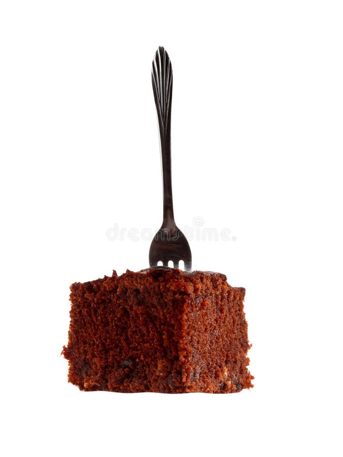 Piece of chocolate cake with fork isolated