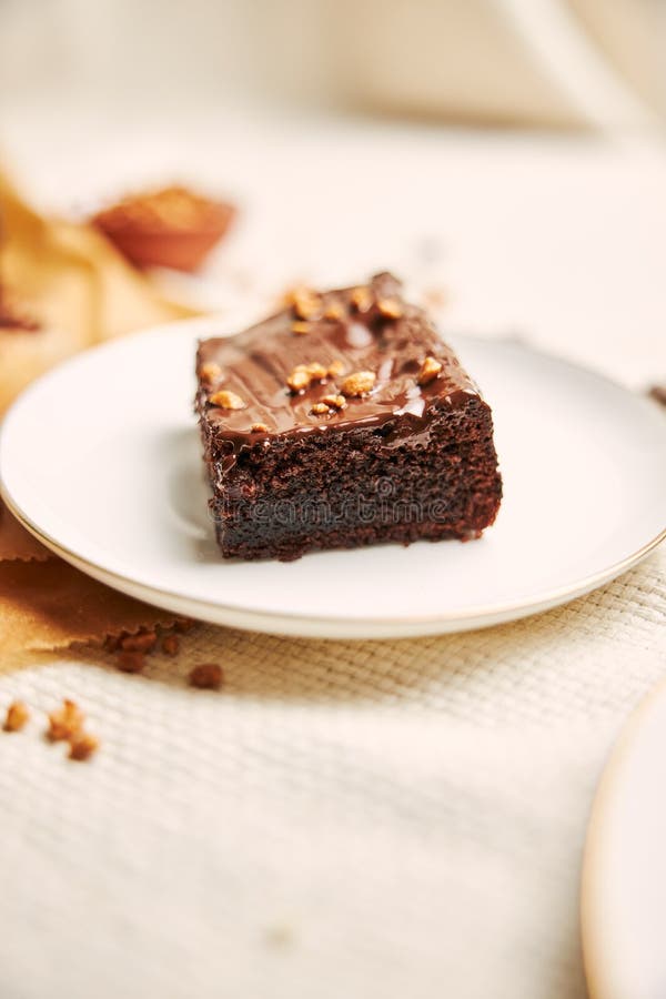 Piece of a Fudge Brownie on a White Plate Stock Photo Image of