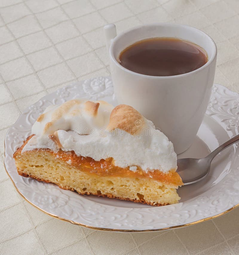 Piece of Homemade Cake with Meringue and Cup of Tea Stock Image Image