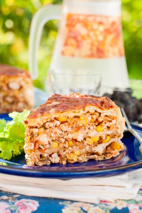 A Piece of Mexican Chicken and Corn Tortilla Pie Stock Image - Image of ...