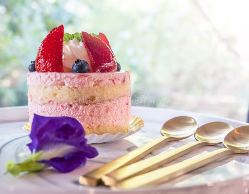 Piece of multi layered homemade cake and fresh berries decorated with butterfly pea royalty free stock photos Piece of multi layered homemade cake and fresh berries decorated with butterfly pea royalty free stock photos