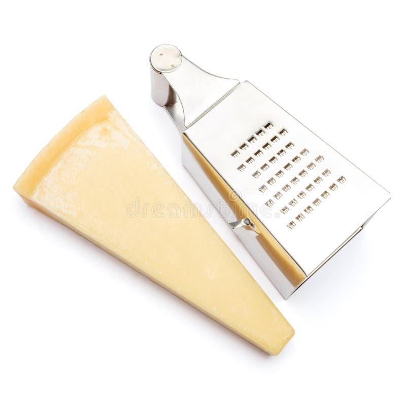 Piece of Parmesan Cheese and Grater Isolated on White Background Stock