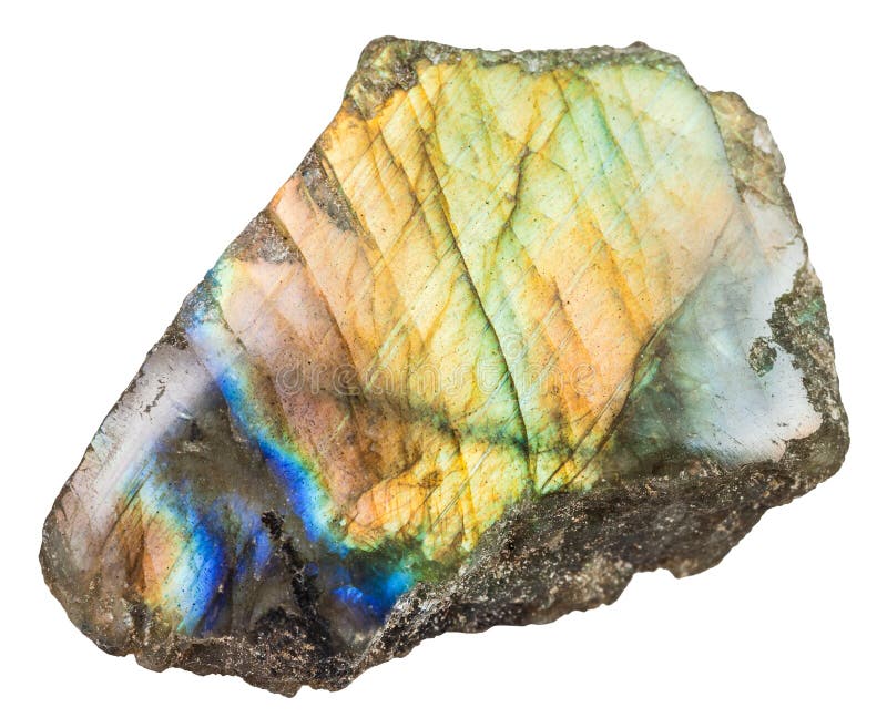 Macro shooting of natural mineral rock - piece of polished labrador labradorite gemstone isolated on white background from Madagascar