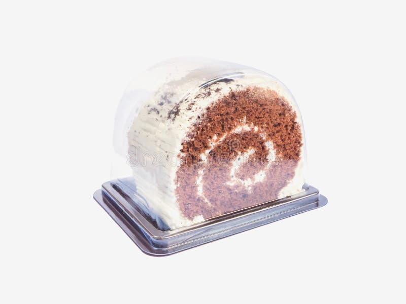 Piece of Roll Cake Inside Plastic Take Away Packaging Stock Photo
