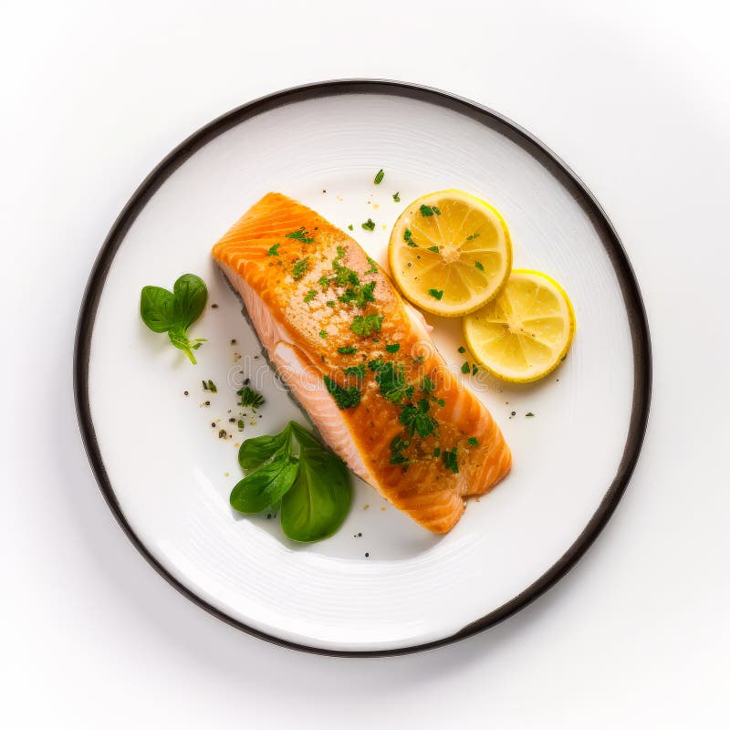 Piece of Salmon on Plate with Lemon Slices. Generative AI Stock Photo