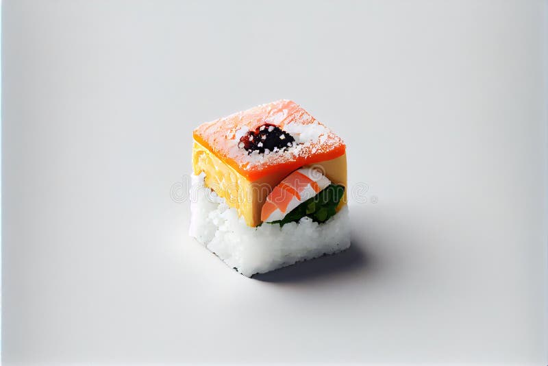 A piece of sushi with a lady bug on top of it on a white surface with a blue border royalty free illustration