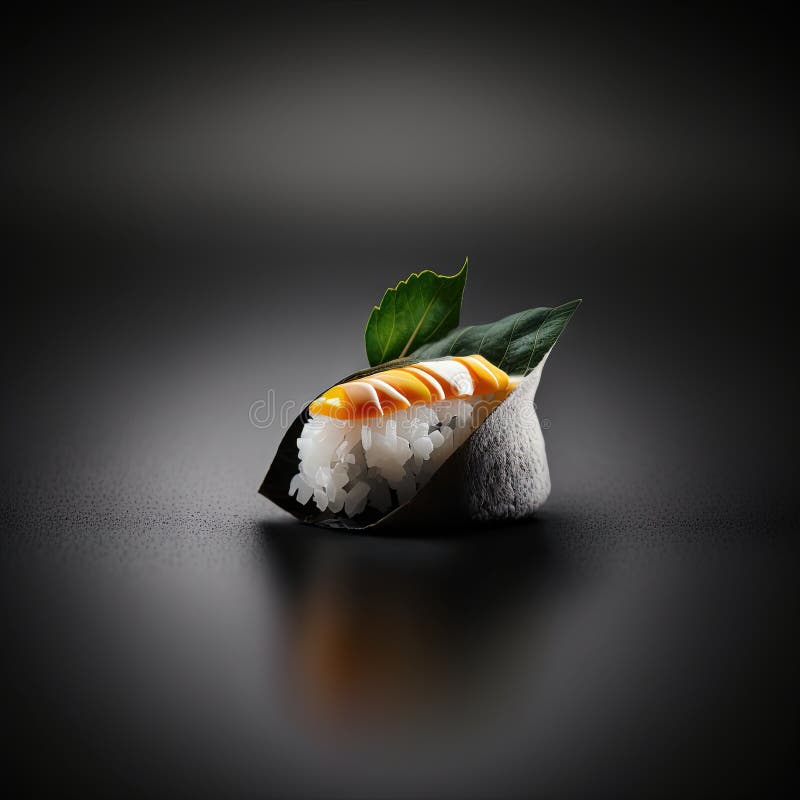 A piece of sushi with a leaf on top of it. generative ai vector illustration