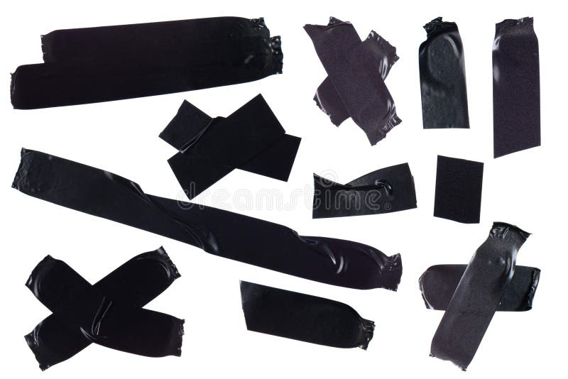 Pieces of Black Insulating Tape on White Isolated, Different Shapes of