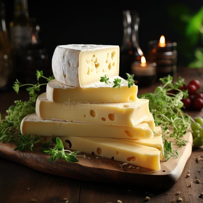 Pieces of Brie and Maasdam cheese. Cheese snack set. Generative AI stock illustration