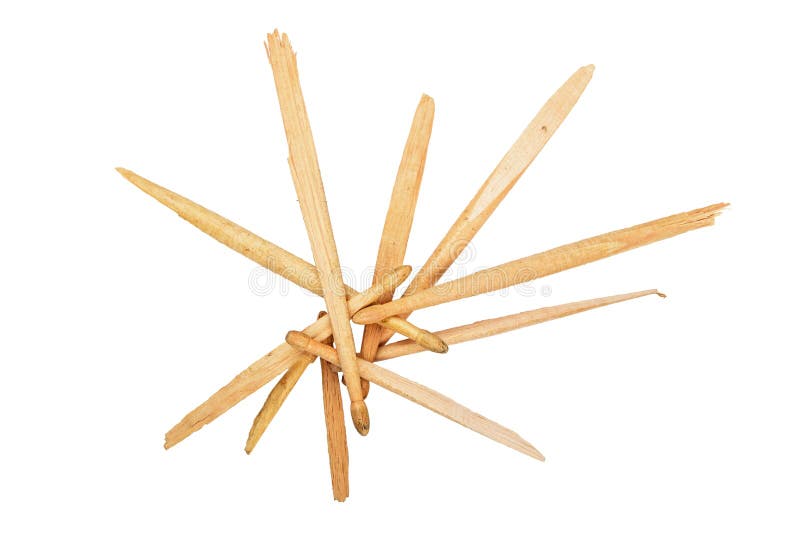 Pieces of Broken Wooden Drumsticks Isolated on White Stock Image