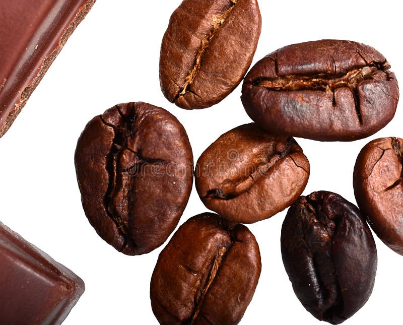 Pieces of Chocolate and Roasted Coffee Beans Isolated on White. Flat