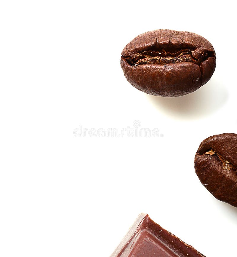 Pieces of Chocolate and Roasted Coffee Beans Isolated on White. Flat