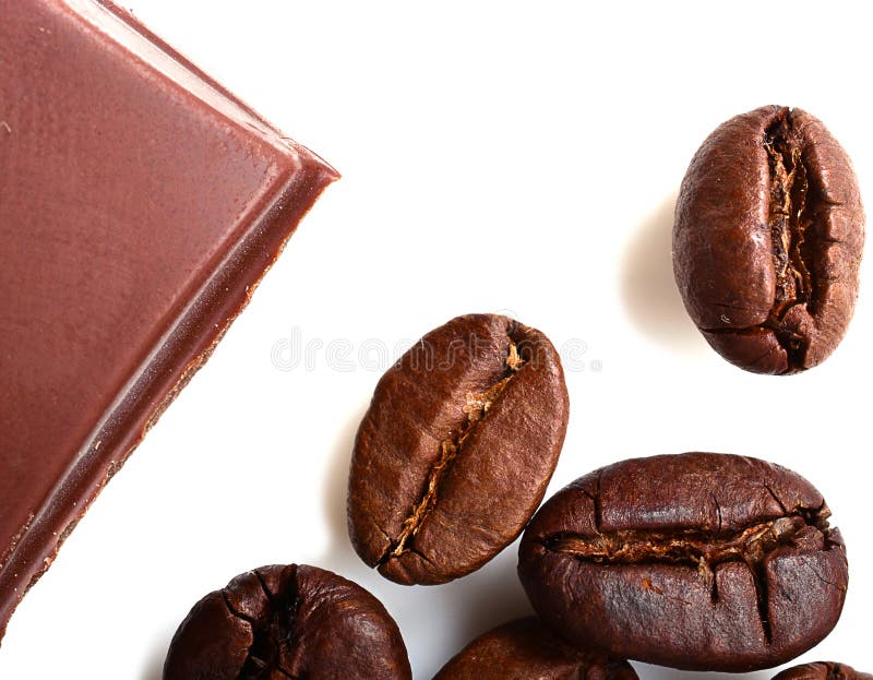 Pieces of Chocolate and Roasted Coffee Beans Isolated on White. Flat