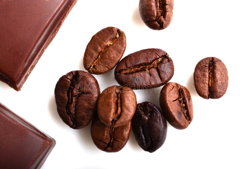 Pieces of Chocolate and Roasted Coffee Beans Isolated on White. Flat