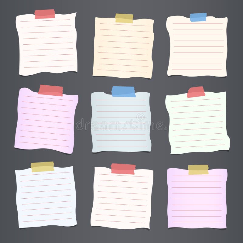 Pieces of crumpled cut colorful lined note paper are stuck on dark gray background.