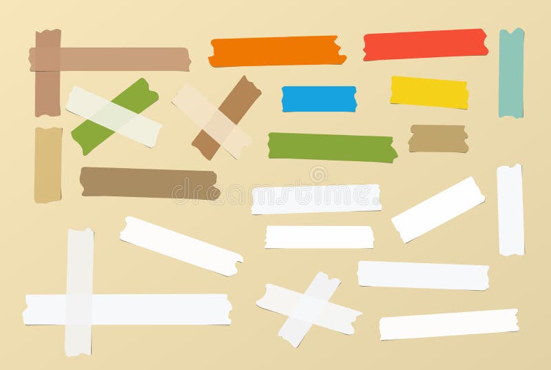 Pieces of different size, colourful, sticky, adhesive masking tape are on brown background royalty free illustration