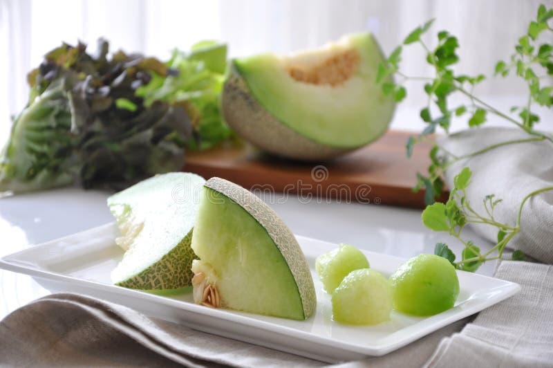 Pieces of Honeydew Melon and Melon Ball on Plate Stock Image Image of