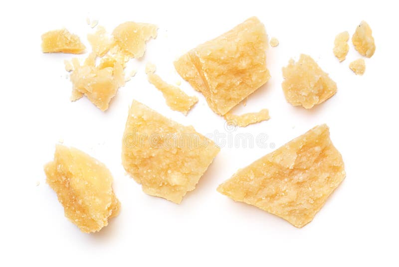 Pieces of Parmesan Cheese Isolated on White Background. Yellow Cheese