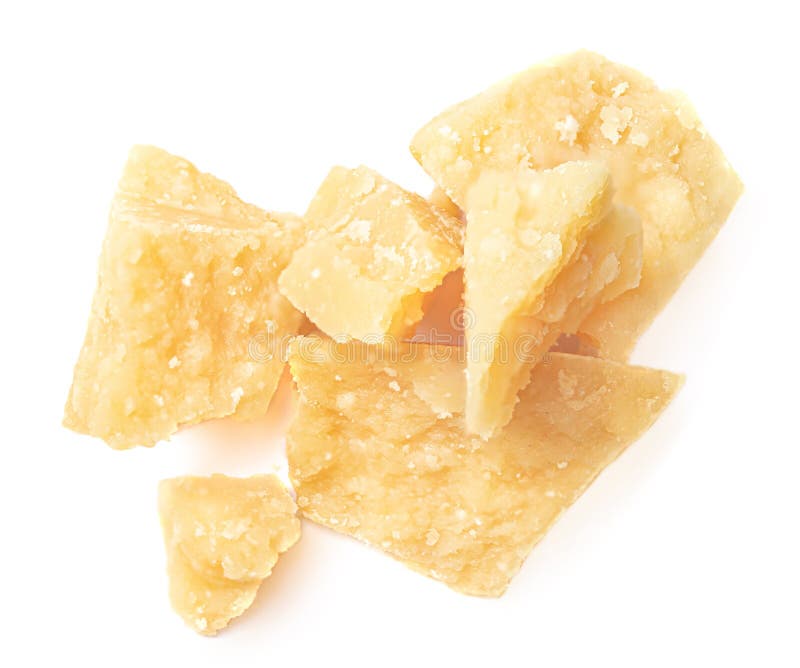 Pieces of Parmesan Cheese Isolated on White Background. Yellow Cheese