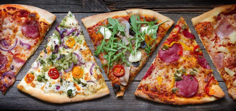 Pieces of Pizza of Different Various Types Banner on Old Retro Boards Still  Life Concept Stock Image - Image of healthy, boards: 129819511