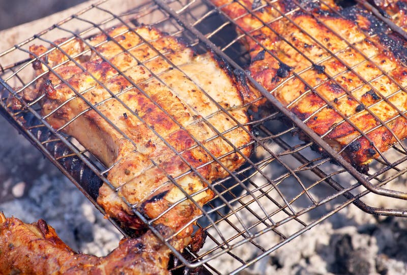Pieces of Pork Meat on the Grill. Stock Photo Image of coals