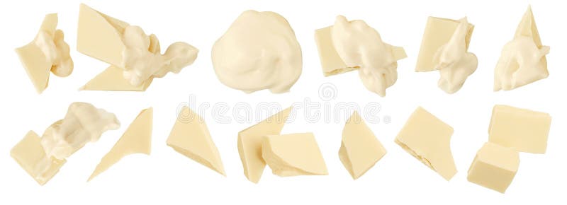 Pieces of white chocolate with melting chocolate cream isolated on white. Broken white chocolate chunks. Set for package design. royalty free stock photos