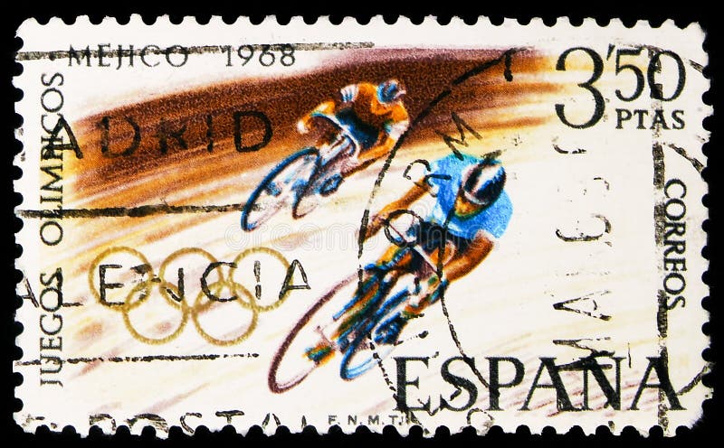 Pieczęć pocztowa wydrukowana w Hiszpanii pokazuje Igrzyska Olimpijskie, Meksyk, 3 50 Pta - hiszpańska peseta, serie, około 1968 obraz stock Pieczęć pocztowa wydrukowana w Hiszpanii pokazuje Igrzyska Olimpijskie, Meksyk, 3 50 Pta - hiszpańska peseta, serie, około 1968 obraz stock