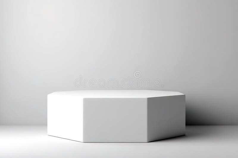 Piedestal hexagonal alb minimalist într-o cameră gri simplă cu lumină moale, creând o atmosferă liniștită royalty free stock photo