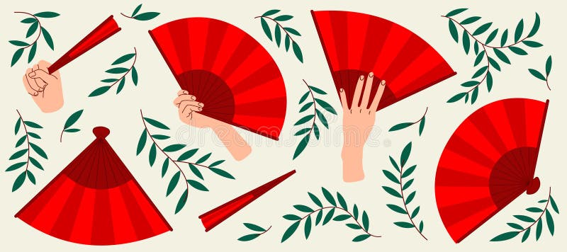 Piegatura di ventole a mano rossa asiatiche con apertura e chiusura della vista a mano illustrazione di stock