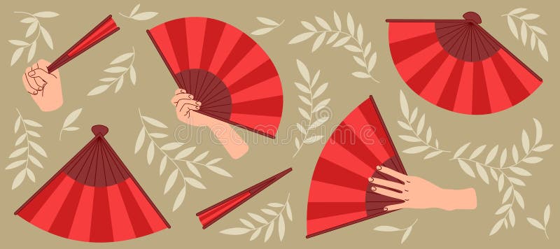 Piegatura di ventole a mano rossa asiatiche con apertura e chiusura della vista a mano illustrazione vettoriale