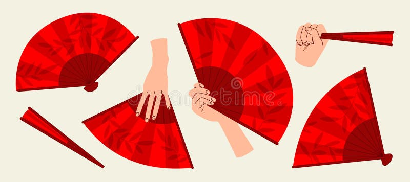 Piegatura di ventole a mano rossa asiatiche con apertura e chiusura della vista a mano illustrazione vettoriale