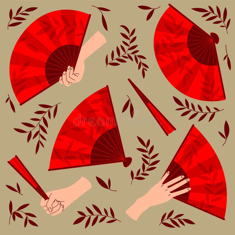 Piegatura di ventole a mano rossa asiatiche con apertura e chiusura della vista a mano illustrazione di stock