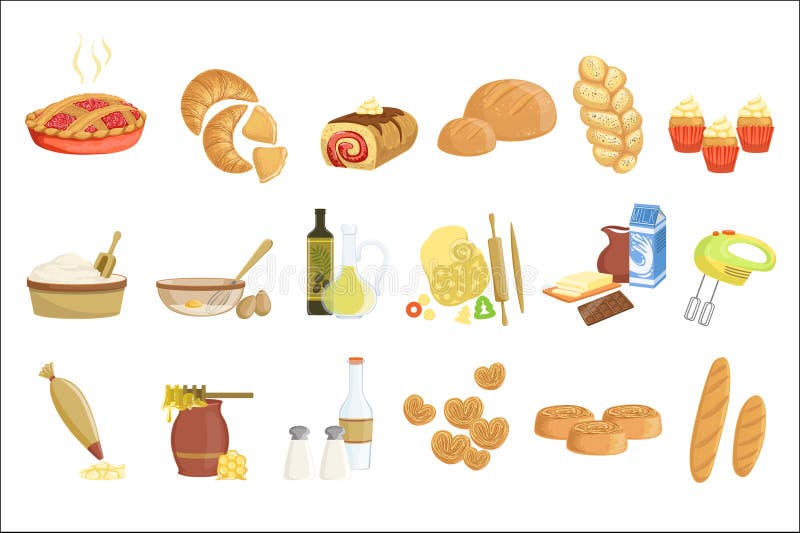 Piekarni i ciasta produktów ikony ustawiać z różnorodnymi rodzajami, robią zakupy royalty ilustracja Piekarni i ciasta produktów ikony ustawiać z różnorodnymi rodzajami, robią zakupy royalty ilustracja