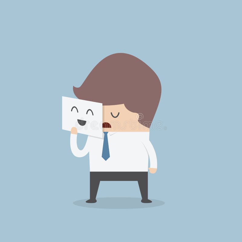 Piel del hombre de negocios su cara cansada llevando a cabo la máscara de la sonrisa libre illustration Piel del hombre de negocios su cara cansada llevando a cabo la máscara de la sonrisa libre illustration
