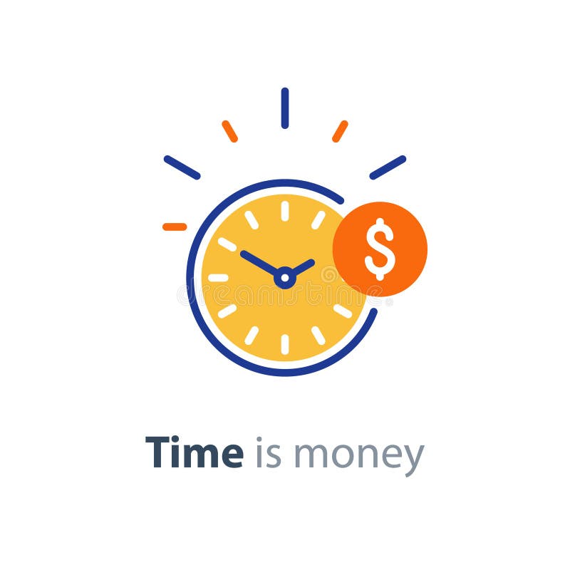 Financial concept, money investment, time is money line icon. Time is money concept, clock and coin, long term financial investment, superannuation savings, future income, annual revenue, money profit and benefit, vector flat line icon
