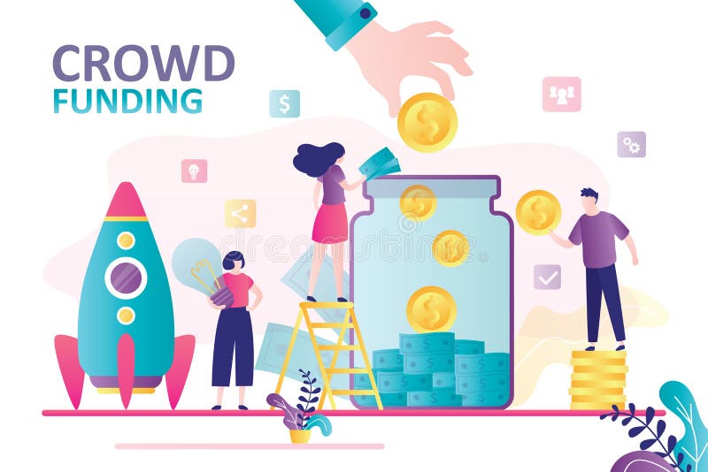 Pieniądze dla przedsiębiorców na nowy projekt. baner z osobami umieszczającymi monety w szklanym banku. uruchamianie programu crow royalty ilustracja
