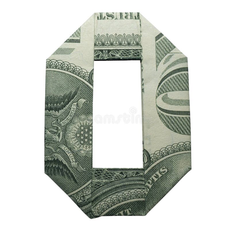 Pieniądze Origami cyfry (0) O LISTOWY charakter Składający z realem Jeden Dolarowy Bill Odizolowywający na bielu zdjęcie royalty free
