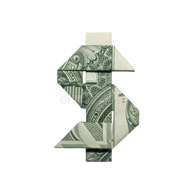 Money Origami DOLLAR SIGN Folded with Real One Dollar Bill Isolated on White Background. Money Origami DOLLAR SIGN Folded with Real One Dollar Bill Isolated on White Background