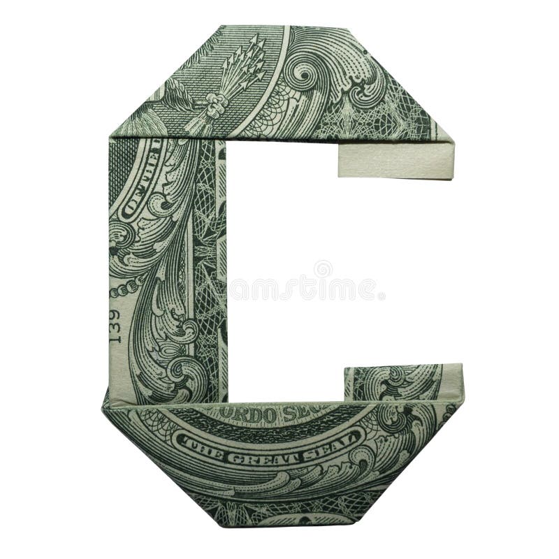 Pieniądze Origami listu C charakteru real Jeden Dolarowy Bill Odizolowywający na Białym tle