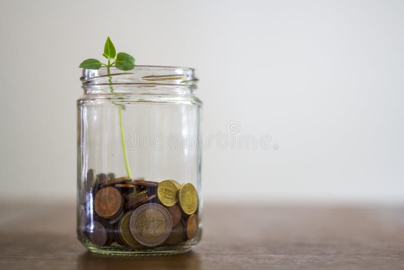Pieniądze w szklanym słoju i rośliny dorośnięciu obrazy stock Pieniądze w szklanym słoju i rośliny dorośnięciu obrazy stock