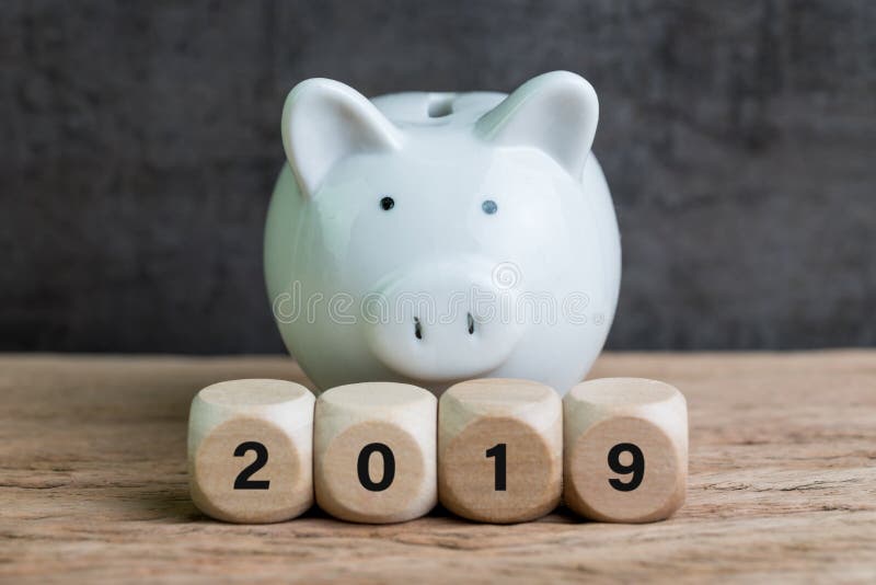 Pieniężny cel, budżet lub oszczędzanie dla roku 2019, biały prosiątko bank fotografia stock Pieniężny cel, budżet lub oszczędzanie dla roku 2019, biały prosiątko bank fotografia stock