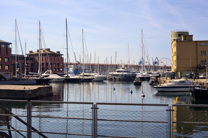 Pier with Docked Boats Seen from a Pavement on a Sunny Day Editorial